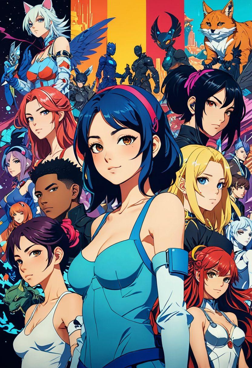A vibrant, eye-catching collage illustrating the evolution of adult animation and hentai, featuring iconic characters from various styles, from classic to modern. Incorporate elements of fantasy worlds, with whimsical landscapes, and an array of diverse characters engaging in lighthearted, risqué scenarios. The background should be dynamic, blending genres like cyberpunk and fairytale, creating an inviting atmosphere. Use bold colors and intricate details to captivate viewers and spark imagination. super-realistic. vibrant colors. dynamic composition.