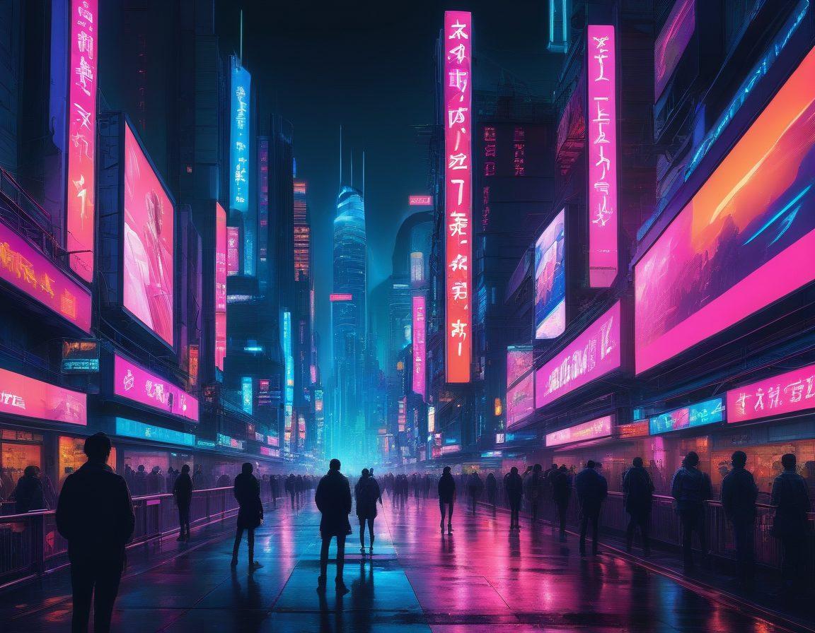 A striking illustration of a virtual cityscape filled with vibrant billboards showcasing explicit anime characters. Incorporate elements of neon lights and futuristic architecture to evoke a sense of boldness and innovation in entertainment. Display a diverse group of people engaging and interacting, with expressions of fascination and curiosity. The scene should balance adult themes with artistic flair, reflecting a new era in entertainment. cyberpunk. vibrant colors. 3D.